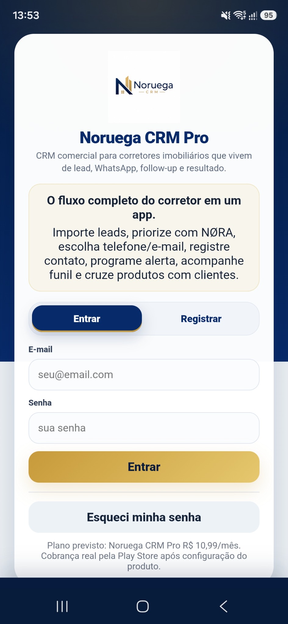 Tela de login do Noruega CRM
