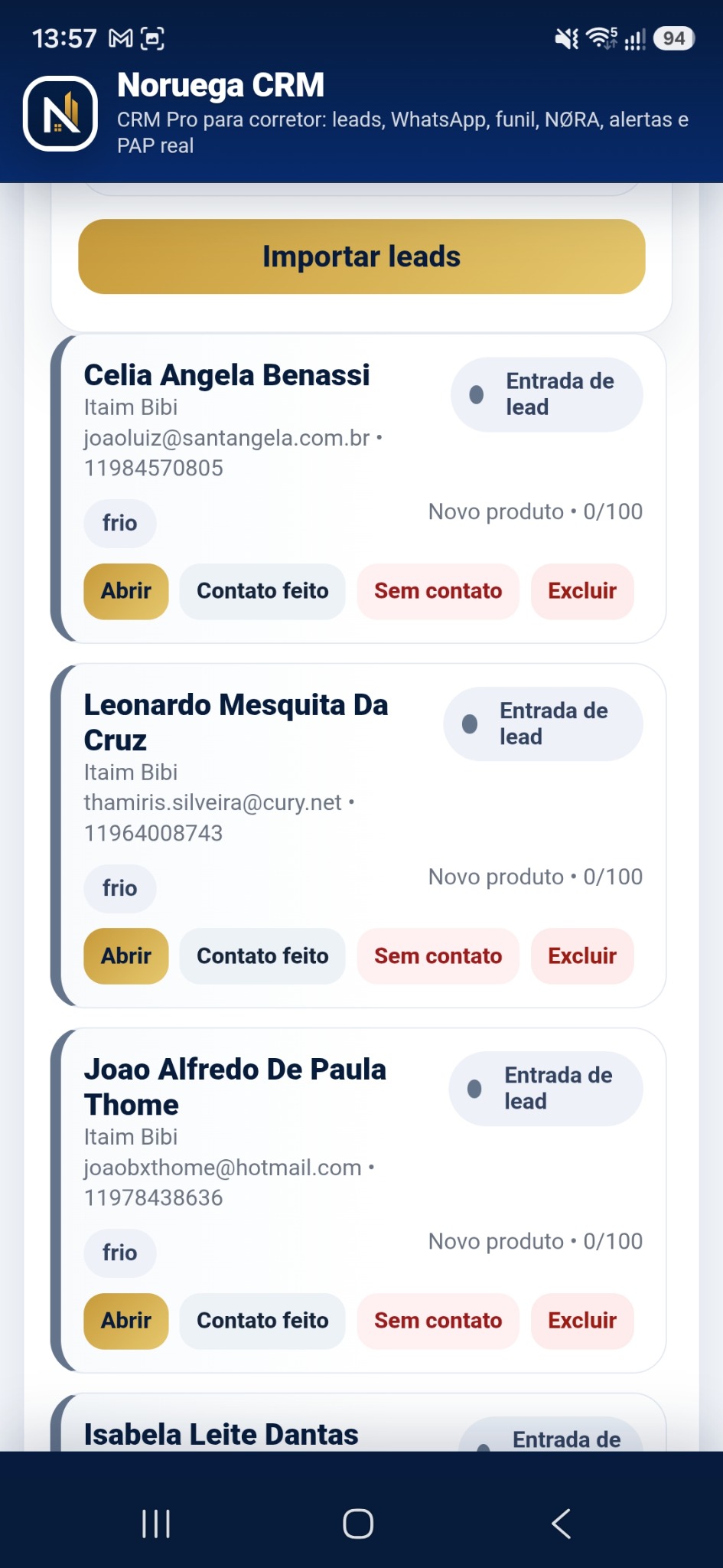 Tela de leads