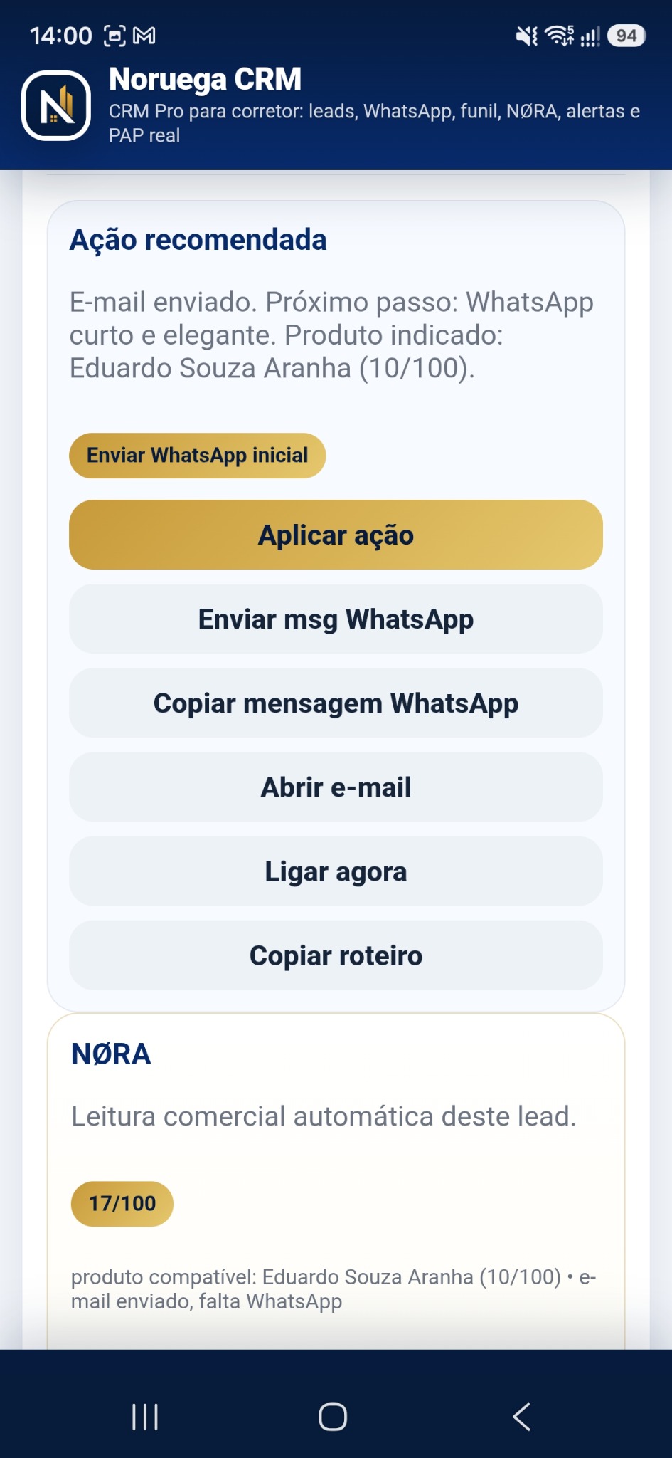 Tela de ação recomendada