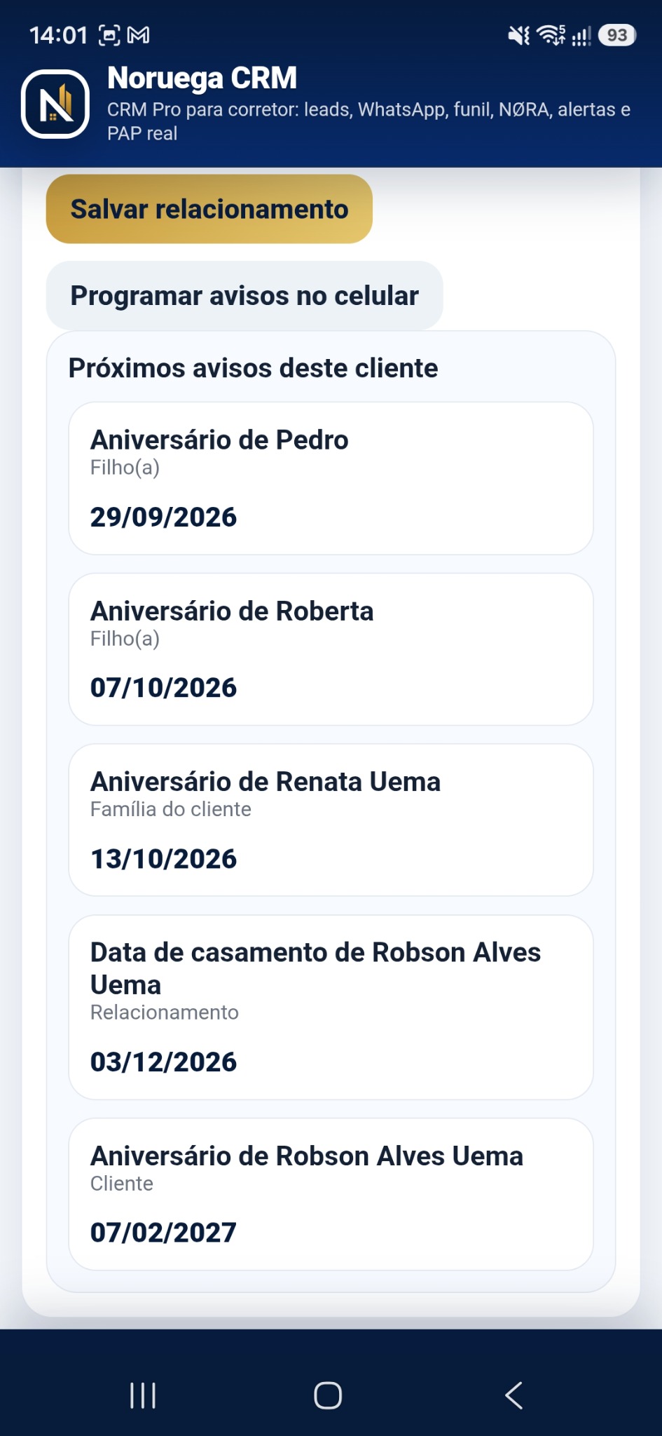 Tela de relacionamento e avisos